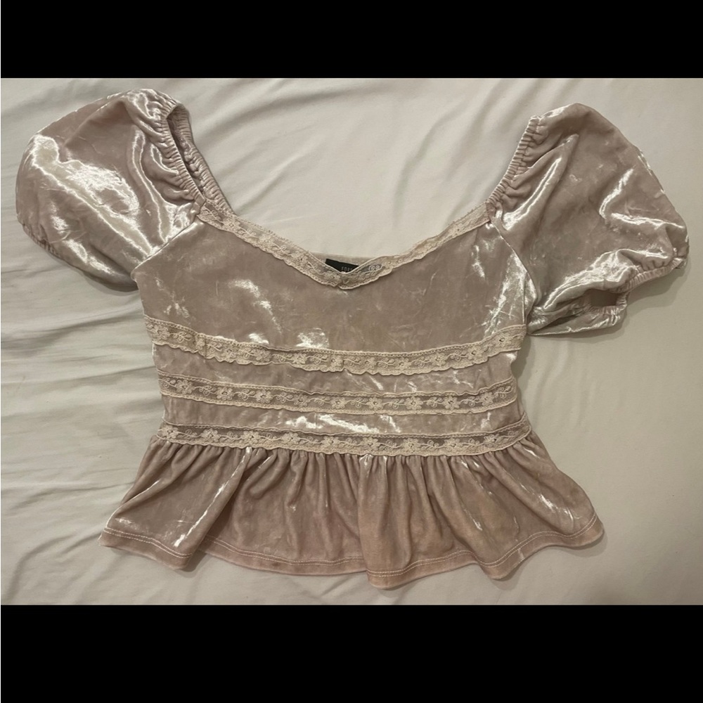 Light pink velvet top with lace detailing